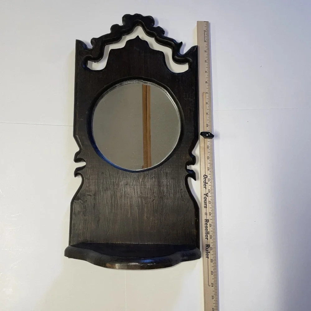 Dark Wood Round Mirror Shelf Home Kitchen Vintage Decor 25 in high